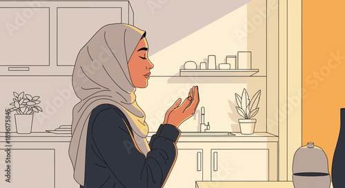Muslim Woman Praying in Kitchen, Devotion, Faith, Spirituality, Peaceful Moment
