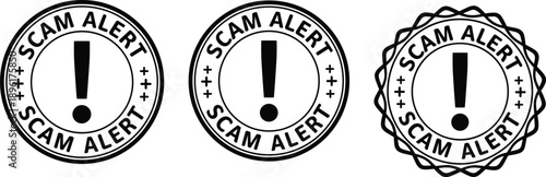 Scam alert warning stamp badge set with exclamation mark symbol, fraud prevention concept, security caution sign, risk notification illustration isolated on background