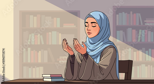 Muslim Woman Praying in Library with Bookshelves Background