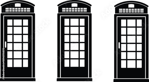 Set of classic British telephone booth silhouettes isolated on white background, iconic public phone box symbols for travel, city, retro, and design concepts
