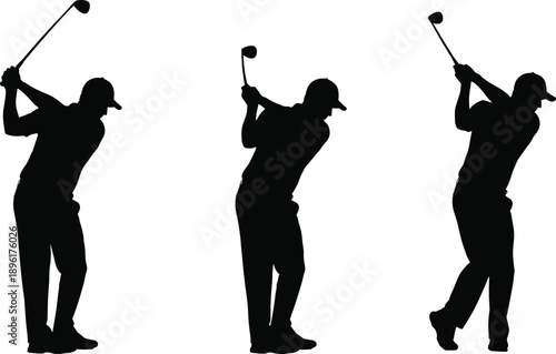 Golf swing silhouette set, male and female golfers, sports vector illustration, professional athlete poses, outdoor activity concept, black and white design