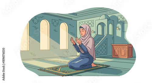 Muslim Woman Praying in Mosque, Peaceful Islamic Devotion