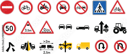 Road traffic signs and symbols set including prohibition, warning, speed limit, direction, pedestrian crossing and vehicle icons for transportation and safety design