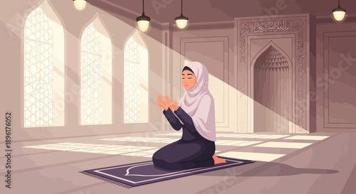 Muslim woman praying in mosque, serene devotion, Islamic culture, sunlight through windows