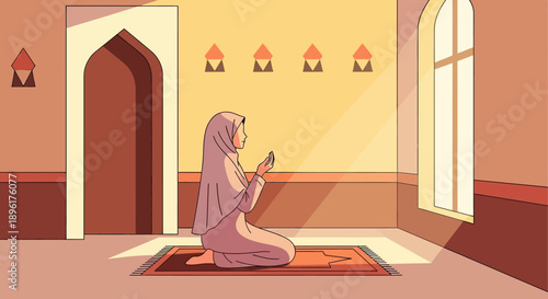 Muslim Woman Praying in Mosque, Wearing Hijab, Seeking Solace and Spirituality