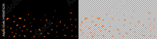 Realistic fire flames with glowing embers and sparks isolated on transparent background. Warm flowing fire effect for overlay design.