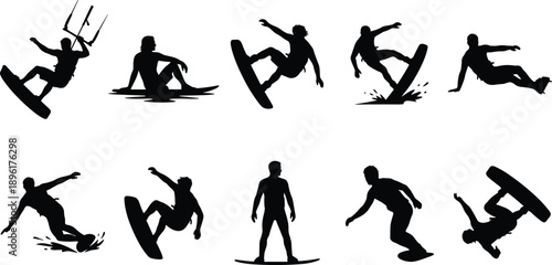 Set of kitesurfing and wakeboarding athlete silhouettes performing dynamic tricks, extreme water sports action poses isolated on white background for sport and adventure design concepts