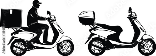 Delivery scooter silhouette, courier riding motorbike, food delivery service vector illustration, urban transportation concept, black and white design, isolated on white