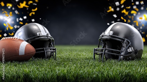 Super Bowl Game Day American Football Helmets on Grass with Confetti