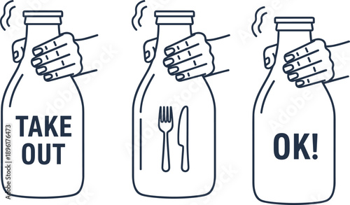 Set of reusable takeout container jar icons with hand grip line art style, food packaging, delivery, eco reuse concept for restaurant and sustainability design