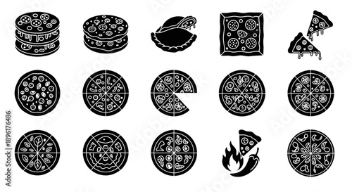 Pizza Types Black Silhouette Icon Set – 15 Unique Gourmet and Artisanal Pizza Designs in 4K