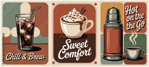Retro 1950s coffee poster triptych featuring iced coffee, hot chocolate, and coffee thermos with cups in warm colors and clean, bold design.