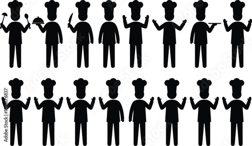 Silhouettes of chefs in uniform with kitchen tools and gestures, ideal for culinary design, restaurant branding, and food service illustrations