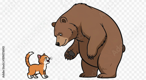 Large Brown Grizzly Bear Looking Down at a Brave Tiny Kitten in a Funny Encounter