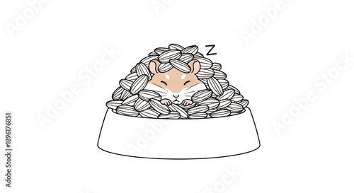 Minimalist Black and White Illustration of a Cute Hamster Sleeping in a Bowl of Seeds