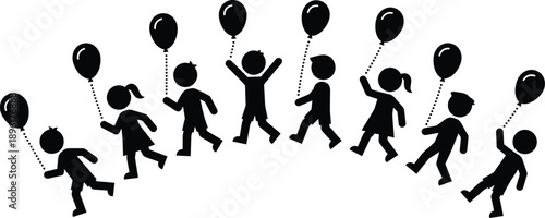 Silhouettes of children holding balloons in playful poses, ideal for celebration, childhood joy, party design, and festive lifestyle illustrations