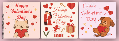 Set of Three Valentine’s Day Cards: Cat, Couple, Dog. February 14th
