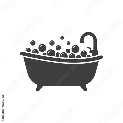 Simple black silhouette of a bathtub filled with bubbles and faucet