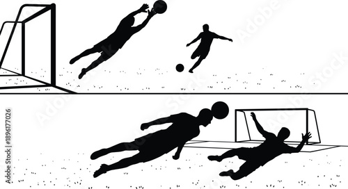 Soccer goalkeeper diving save silhouette with goal net and attacking player, football match scoring attempt action sports illustration isolated on background