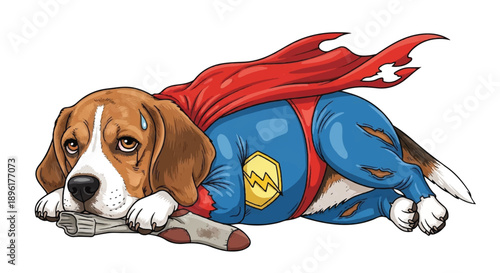 Sad and Tired Beagle Dog Character Wearing a Blue Superhero Suit and Red Cape