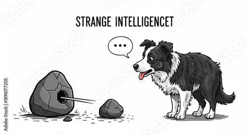 Border Collie Dog Talking to a Stone with Text Saying Strange Intelligence