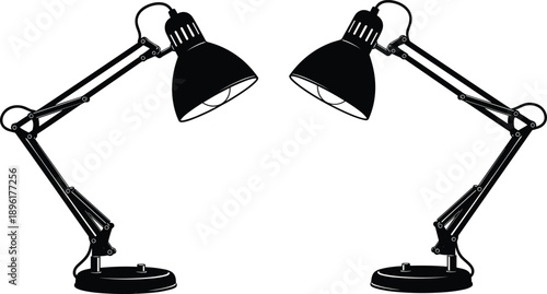 Desk lamp silhouette pair, adjustable table lights facing, modern office lighting vector illustration, home workspace decor, black and white design
