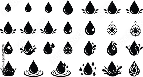 Water drop silhouette icon set with splash and ripple variations, liquid droplet symbols isolated on white background for rain, fluid, and design concepts