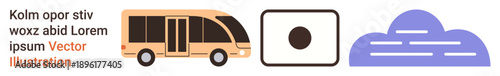 Public transportation, digital technology, cloud storage, urban systems, data sharing, online tools. Minibus, cloud symbol and square icon. Public transportation and digital technology concepts