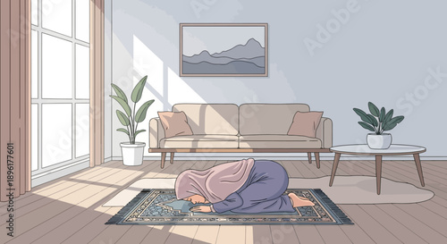Muslim woman praying on a rug in a sunlit living room, Islamic prayer