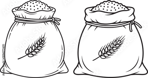 Line art illustrations of two sacks of grain with wheat stalks, representing agriculture and harvest