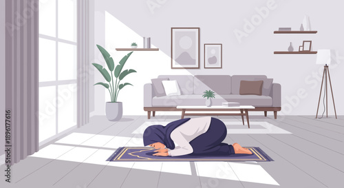 Muslim woman praying on a rug in a sunlit living room