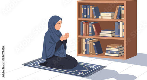 Muslim woman praying on a rug next to a bookshelf