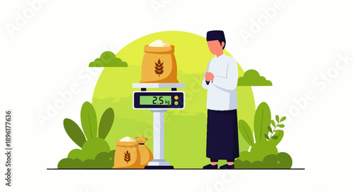 Flat vector illustration depicts Muslims paying zakat, a Ramadan practice involving the payment of alms before Eid al-Fitr..