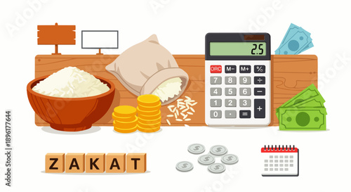 Flat vector illustration of zakat concept with money, calculator, coins, and rice. Islamic charity and financial obligation during Ramadan, representing almsgiving, faith, and Muslim lifestyle.