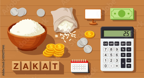 Flat vector illustration of zakat concept with money, calculator, coins, and rice. Islamic charity and financial obligation during Ramadan, representing almsgiving, faith, and Muslim lifestyle.