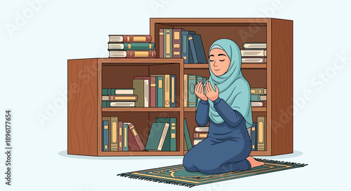 Muslim Woman Praying on a Rug in Front of a Bookshelf