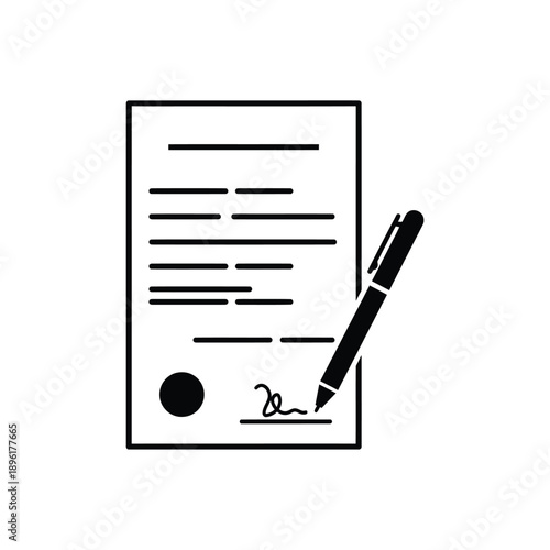 Document with signature and pen a simple black and white illustration