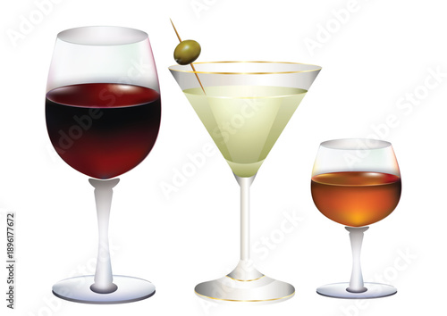 A set of alcoholic drinks in glass goblets