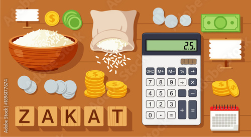 Flat vector illustration of zakat concept with money, calculator, coins, and rice. Islamic charity and financial obligation during Ramadan, representing almsgiving, faith, and Muslim lifestyle.