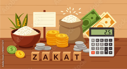 Flat vector illustration of zakat concept with money, calculator, coins, and rice. Islamic charity and financial obligation during Ramadan, representing almsgiving, faith, and Muslim lifestyle.