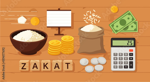 Flat vector illustration of zakat concept with money, calculator, coins, and rice. Islamic charity and financial obligation during Ramadan, representing almsgiving, faith, and Muslim lifestyle.