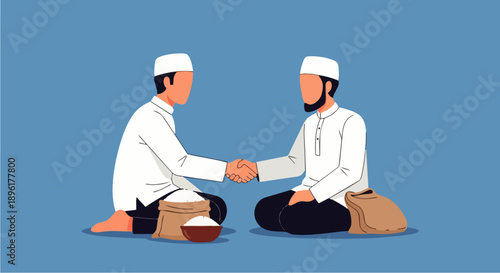 Flat vector illustration of zakat payment with zakat contract between two people and zakat as an annual activity of Muslims. The concept of zakat fitrah in the month of Ramadan