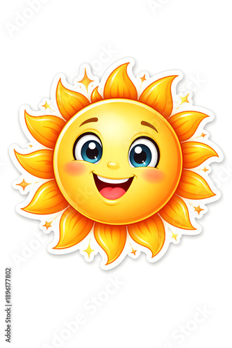 Cute smiling sun cartoon mascot character illustration, happy sunshine face with bright rays, cheerful weather symbol for children design, playful summer icon graphic, friendly solar emoji concept, co
