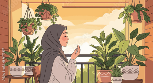 Muslim Woman Praying on Balcony with Lush Green Plants at Sunset