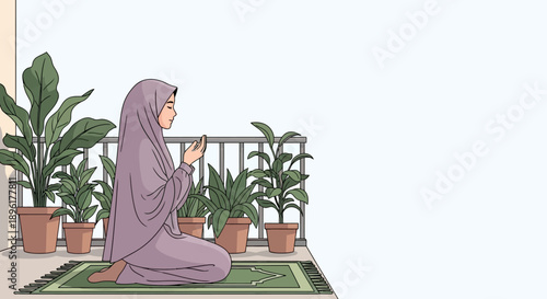 Muslim Woman Praying on Balcony with Plants, Peaceful Devotion