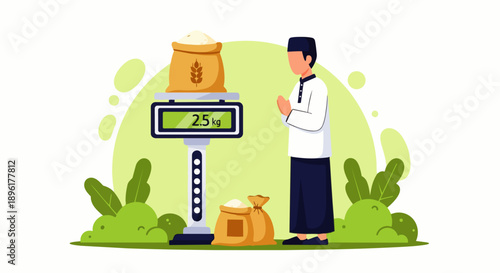 Flat vector illustration depicts Muslims paying zakat, a Ramadan practice involving the payment of alms before Eid al-Fitr..