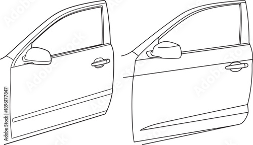 Line art comparison of two car doors, one closed and one open, illustrating automotive design and access