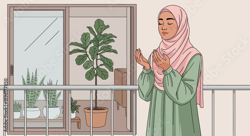 Muslim Woman Praying on Balcony with Plants, Peaceful Spiritual Moment