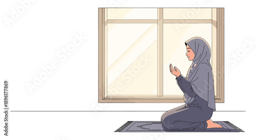 Muslim Woman Praying on Mat by Window, Islamic Devotion and Spirituality