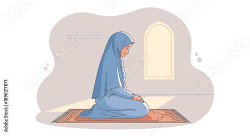Muslim Woman Praying on Mat in Light, Islamic Culture, Faith, Spirituality